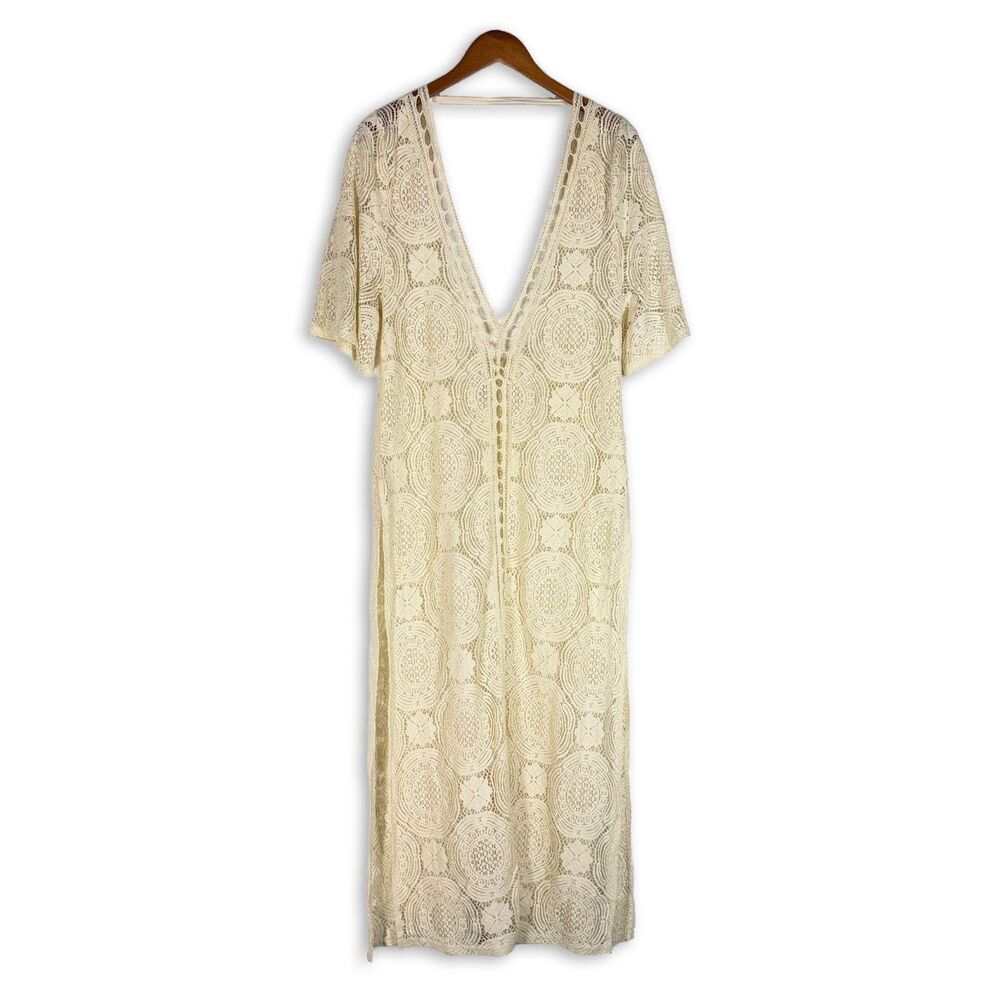 Chelsea28 Cream Crochet Lace Maxi Dress Swim Cover Up Boho Festival Small